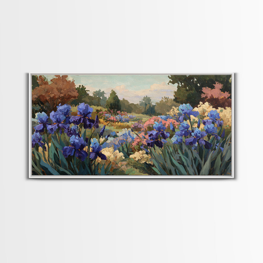 Iris Garden with Blue Violet Strokes Framed Canvas Print, Impressionist Art, Living Room Decor, Watercolor Art, Impression, IMP-2x1-88