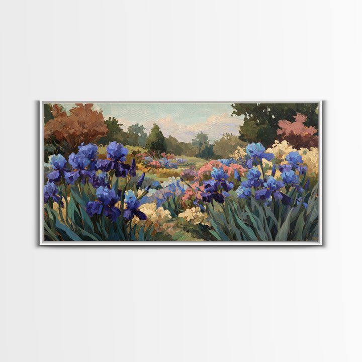 Iris Garden with Blue Violet Strokes Framed Canvas Print, Impressionist Art, Living Room Decor, Watercolor Art, Impression, IMP-2x1-88