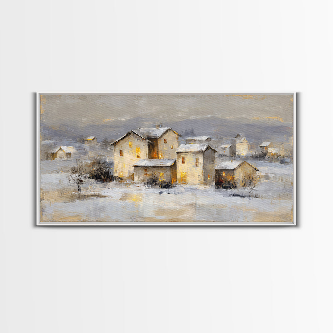 Snowy Village with Warm Glowing Windows Framed Canvas Print, Impressionist Art, Art Print, Living Room Decor, Impression, IMP-2x1-9