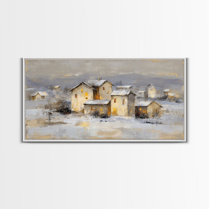 Snowy Village with Warm Glowing Windows Framed Canvas Print, Impressionist Art, Art Print, Living Room Decor, Impression, IMP-2x1-9