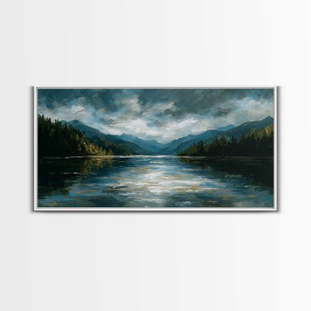 Mountain Lake with Sparkling Reflections Canvas Print, Impressionist Art, Horizontal Wall Art, Living Room Decor, Impression, IMP-2x1-92