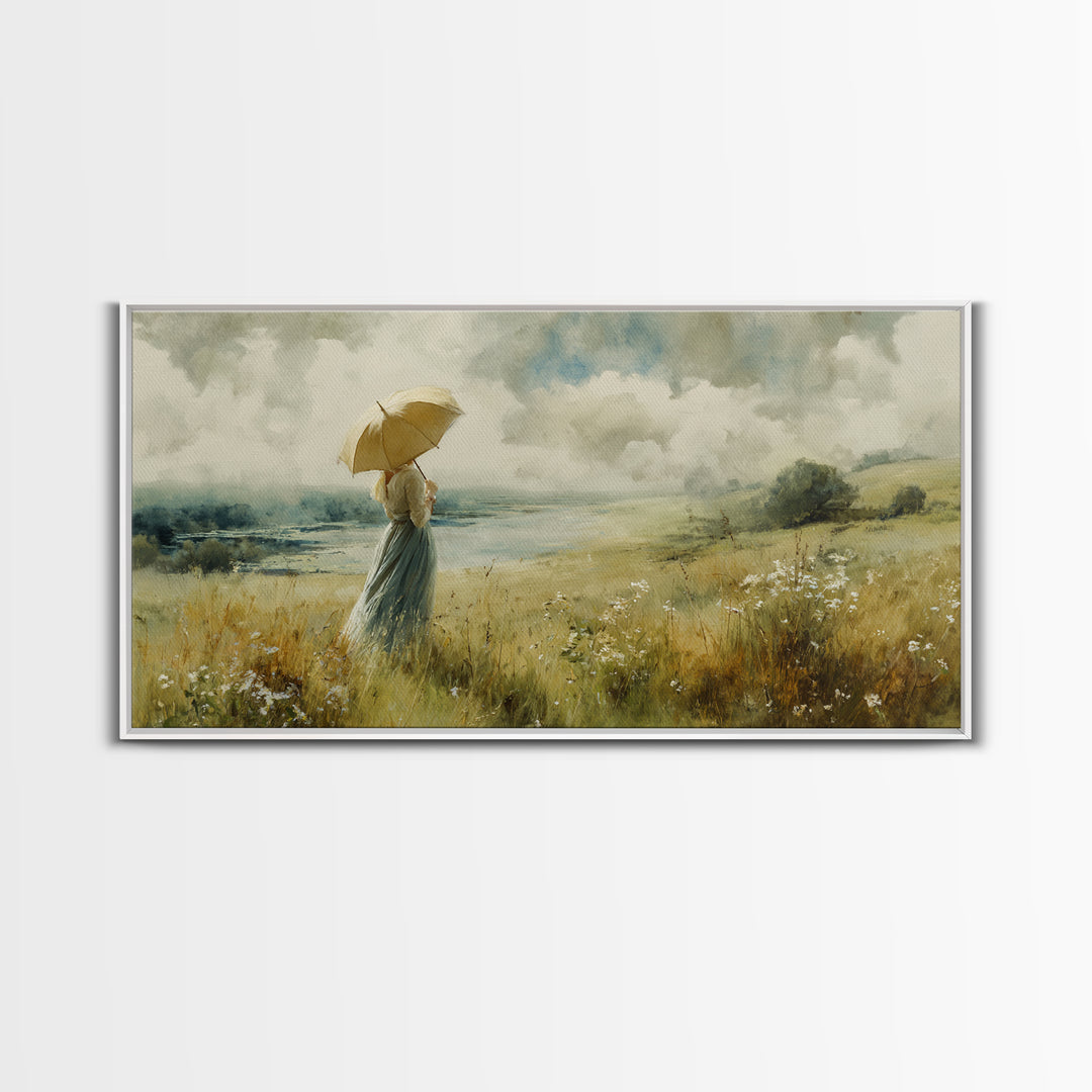 Woman with Parasol in Breezy Meadow Framed Canvas Print, Impressionist Art, Neutral Decor, Living Room Decor, Impression, IMP-2x1-95