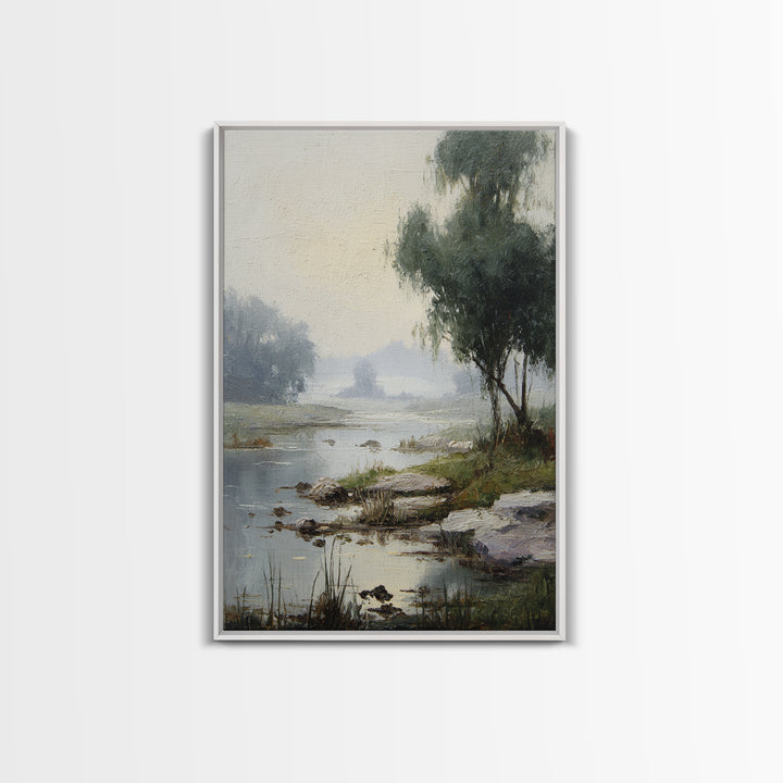 Misty Riverbank with Willow Trees Framed Canvas Print, Impressionist Art, Contemporary Art, Living Room Decor, Impression, IMP-2x3-19