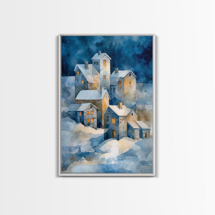 Snowy Village with Warm Glowing Windows Framed Canvas Print, Impressionist Art, Oil Painting, Living Room Decor, Impression, IMP-2x3-21