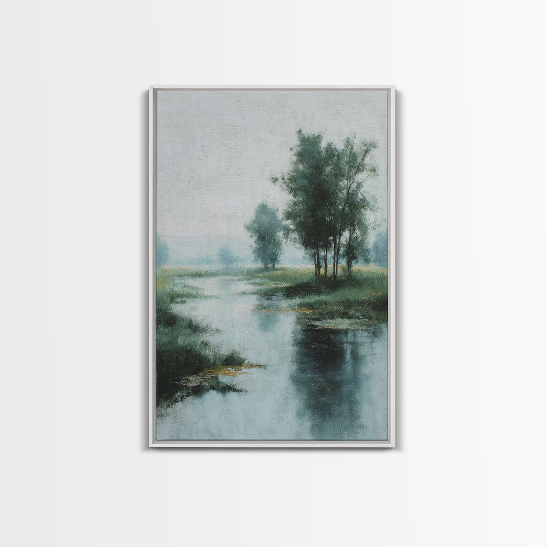 Misty Riverbank with Willow Trees Framed Canvas Print, Impressionist Art, Textured Wall Art, Living Room Decor, Impression, IMP-2x3-43