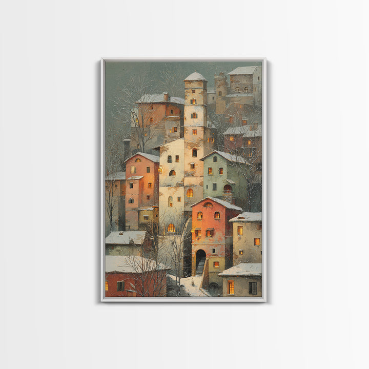 Snowy Village with Warm Glowing Windows Canvas Print, Impressionist Art, Farmhouse Decor, Living Room Decor, Impression, IMP-2x3-45