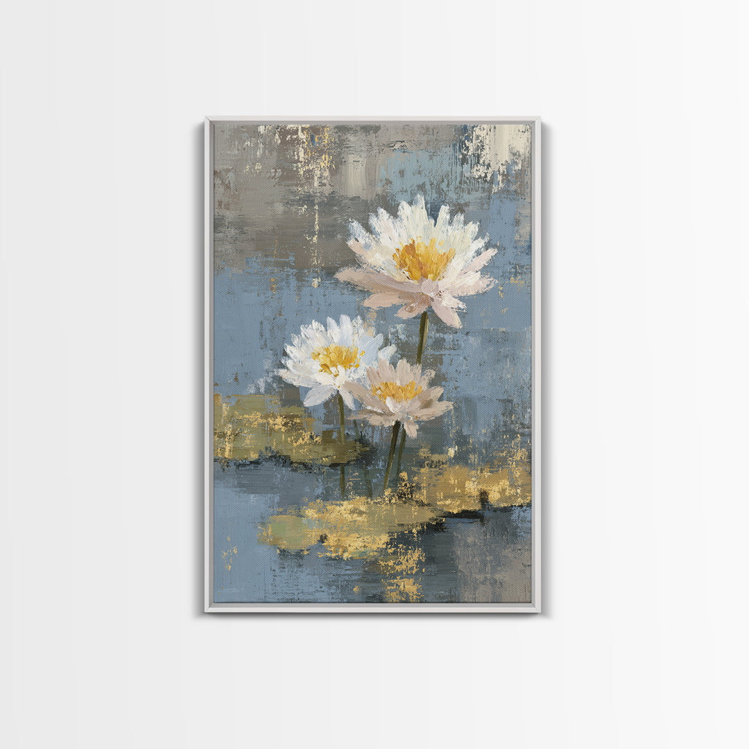 Water Lilies Floating on a Sunlit Pond Canvas Print, Impressionist Art, Floral Wall Art, Living Room Decor, Oil Painting, IMP-2x3-57