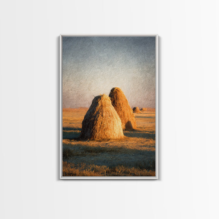 Haystacks Glowing at Golden Hour Framed Canvas Print, Impressionist Art, Bedroom Decor, Living Room Decor, Fine Art, Impression, IMP-2x3-60