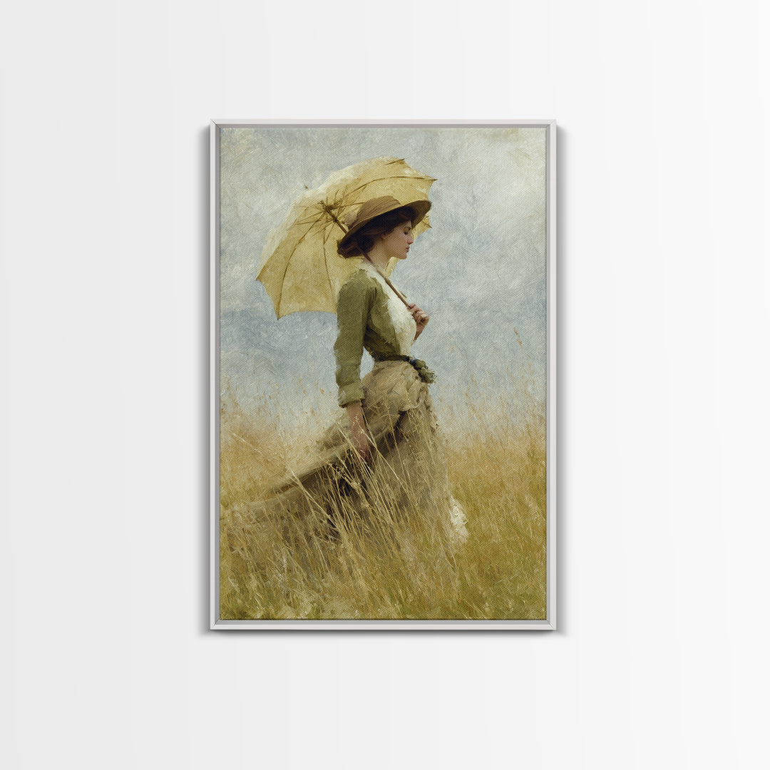 Woman with Parasol in Breezy Meadow Framed Canvas Print, Impressionist Art, Landscape Art, Living Room Decor, Impression, IMP-2x3-83