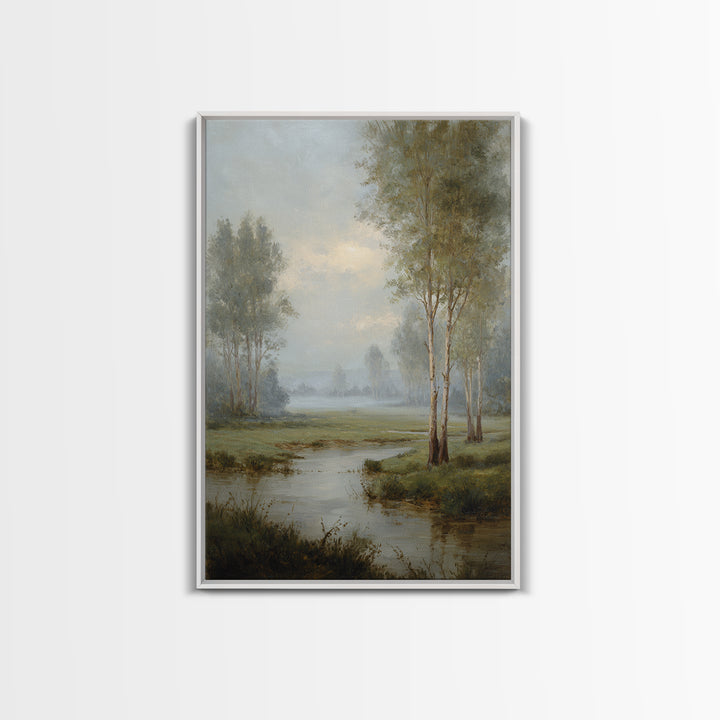 Misty Riverbank with Willow Trees Canvas Print, Impressionist Art, Flower Print, Living Room Decor, Fine Art, Impression, IMP-2x3-91