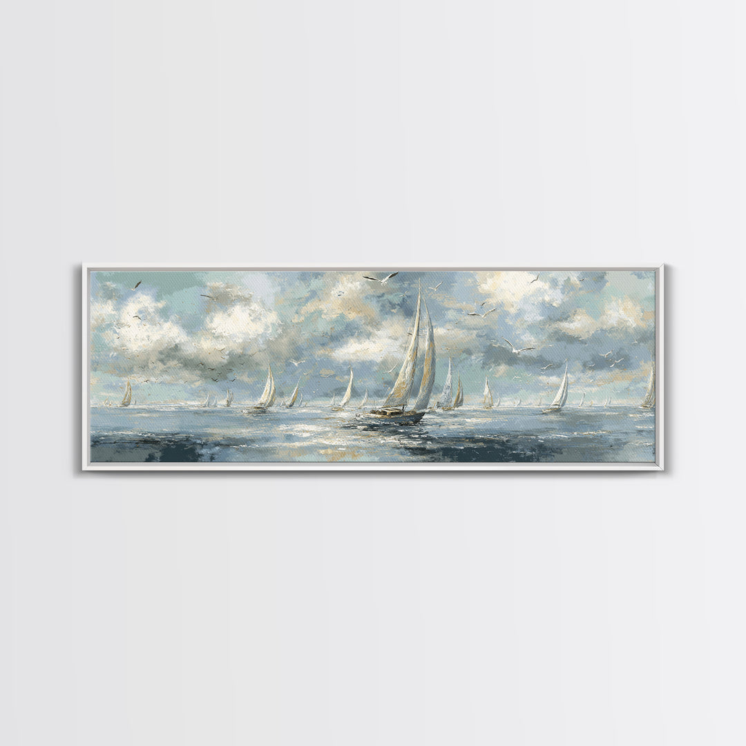Sailboats on a Bright Sparkling Harbor Canvas Print, Impressionist Art, Abstract Painting, Living Room Decor, Impression, IMP-3x1-1