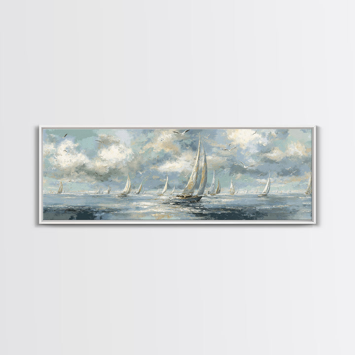Sailboats on a Bright Sparkling Harbor Canvas Print, Impressionist Art, Abstract Painting, Living Room Decor, Impression, IMP-3x1-1