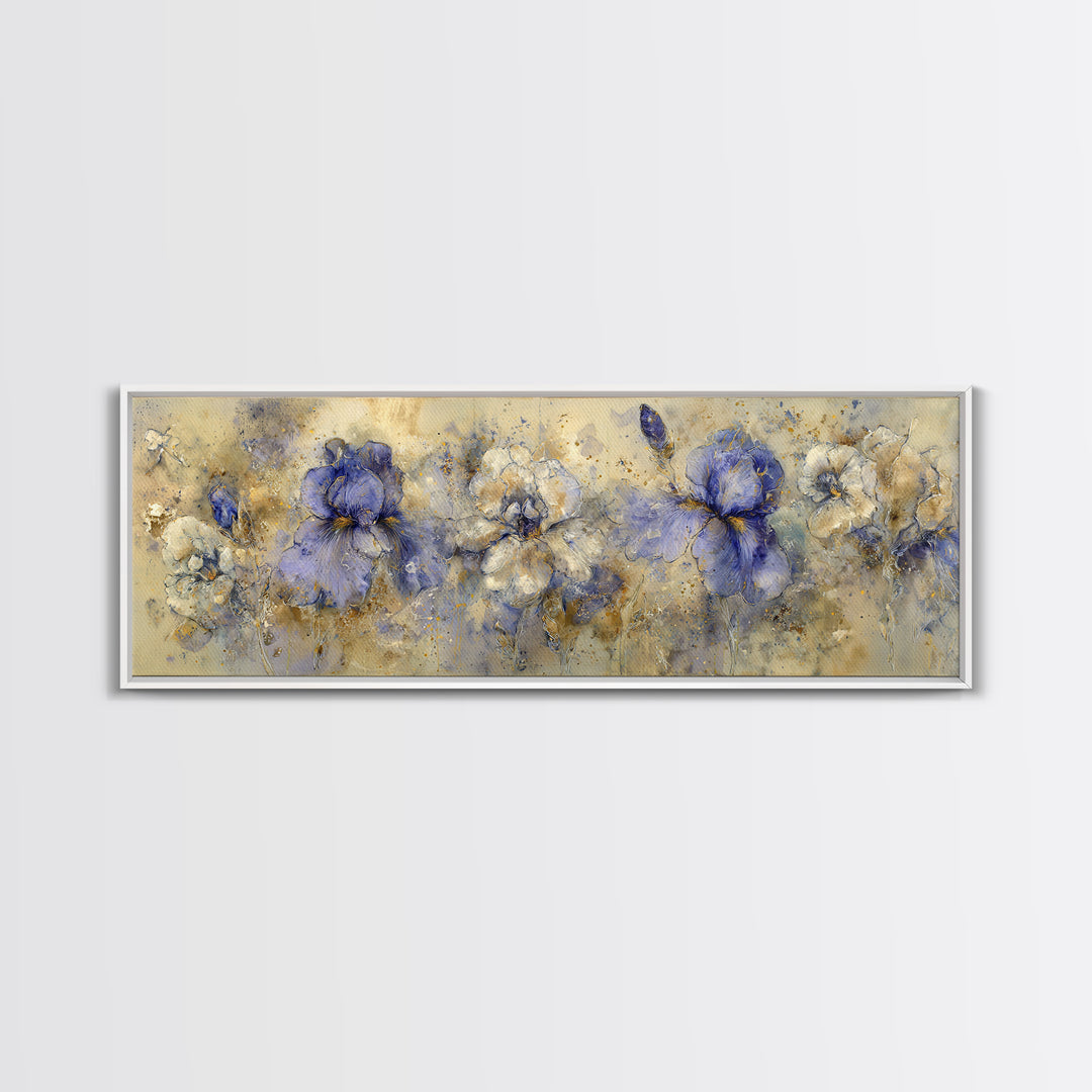 Iris Garden with Blue Violet Strokes Framed Canvas Print, Impressionist Art, Landscape Wall Art, Living Room Decor, Impression, IMP-3x1-12