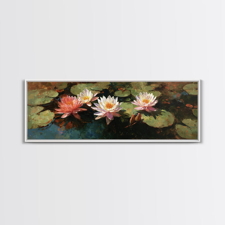Water Lilies Floating on a Sunlit Pond Framed Canvas Print, Impressionist Art, Gallery Wall Art, Living Room Decor, Impression, IMP-3x1-17