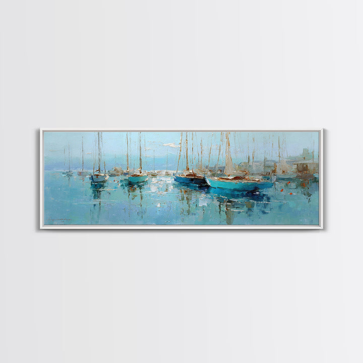 Sailboats on a Bright Sparkling Harbor Canvas Print, Impressionist Art, Landscape Art, Living Room Decor, Abstract Art, IMP-3x1-25