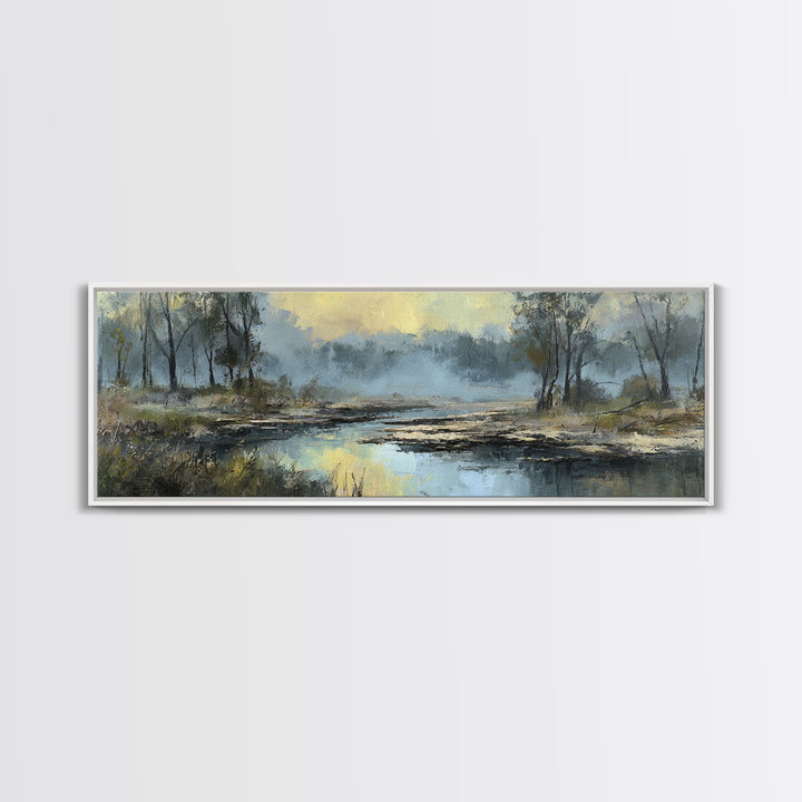 Misty Riverbank with Willow Trees Framed Canvas Print, Impressionist Art, Textured Painting, Living Room Decor, Impression, IMP-3x1-27