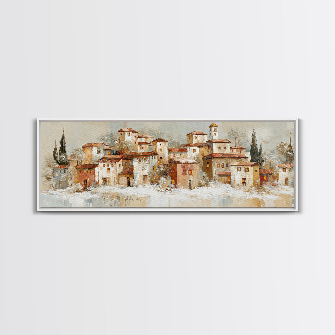 Snowy Village with Warm Glowing Windows Canvas Print, Impressionist Art, Floral Wall Art, Living Room Decor, Oil Painting, IMP-3x1-29