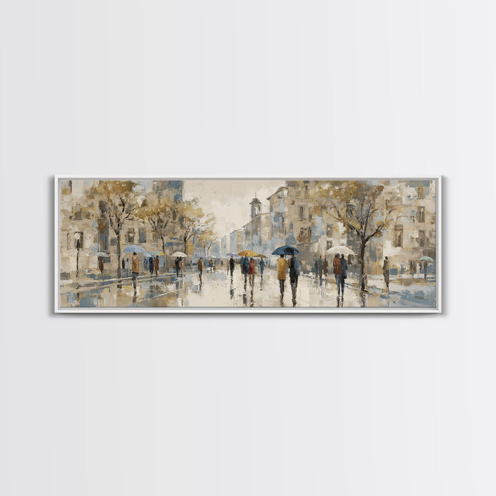 Rainy Boulevard with Umbrella Shapes Canvas Print, Impressionist Art, Landscape Painting, Living Room Decor, Impression, IMP-3x1-37