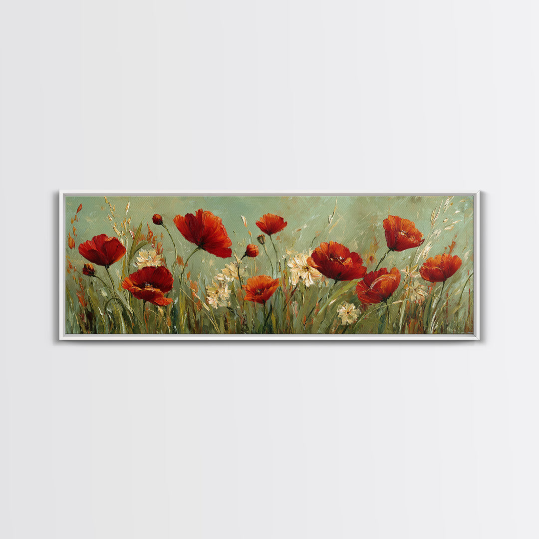 Poppies Blowing Through Green Grass Canvas Print, Impressionist Art, Landscape Painting, Living Room Decor, Watercolor Art, IMP-3x1-4