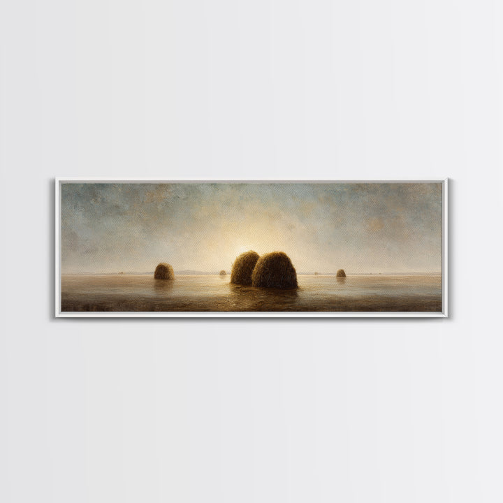 Haystacks Glowing at Golden Hour Framed Canvas Print, Impressionist Art, Modern Decor, Living Room Decor, Fine Art, Impression, IMP-3x1-44