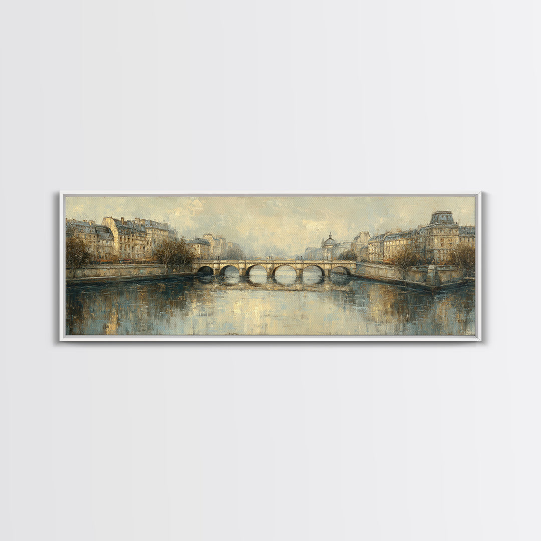 Paris Bridge Reflected Framed Canvas Print, Impressionist Art, Oil Painting, Living Room Decor, Impression, Coastal Wall Art, IMP-3x1-47