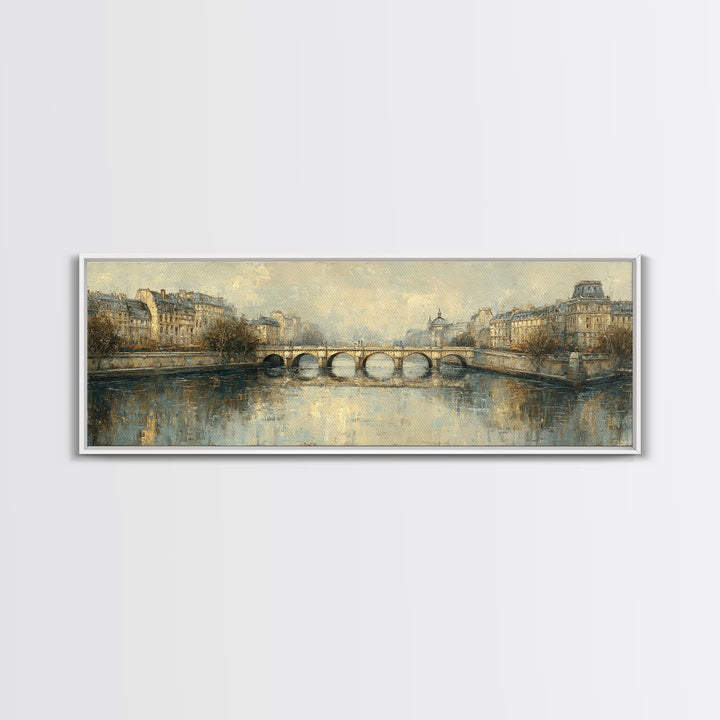 Paris Bridge Reflected Framed Canvas Print, Impressionist Art, Oil Painting, Living Room Decor, Impression, Coastal Wall Art, IMP-3x1-47