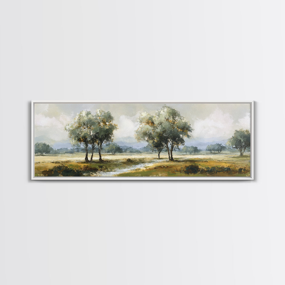 Misty Riverbank with Willow Trees Framed Canvas Print, Impressionist Art, Large Wall Art, Living Room Decor, Impression, IMP-3x1-51