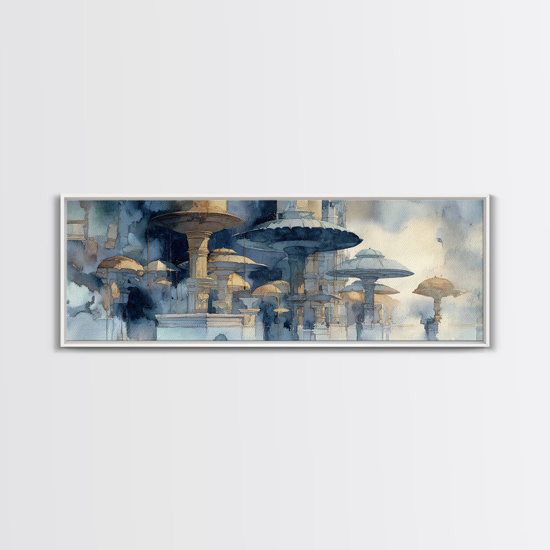 Rainy Boulevard with Umbrella Shapes Canvas Print, Impressionist Art, Living Room Art, Living Room Decor, Abstract Art, IMP-3x1-61
