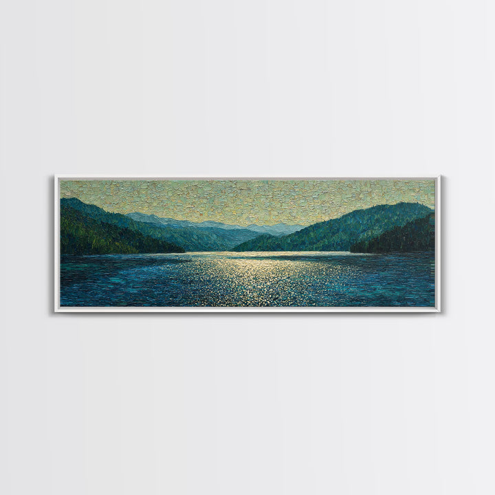 Mountain Lake with Sparkling Reflections Framed Canvas Print, Impressionist Art, Luxury Decor, Living Room Decor, Impression, IMP-3x1-64