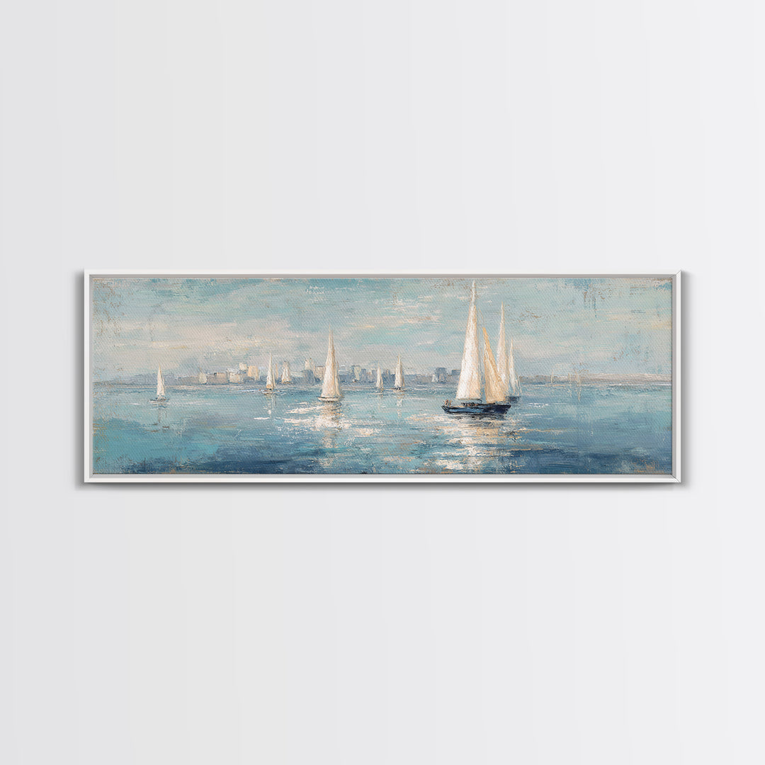 Sailboats on a Bright Sparkling Harbor Framed Canvas Print, Impressionist Art, Neutral Decor, Living Room Decor, Impression, IMP-3x1-73