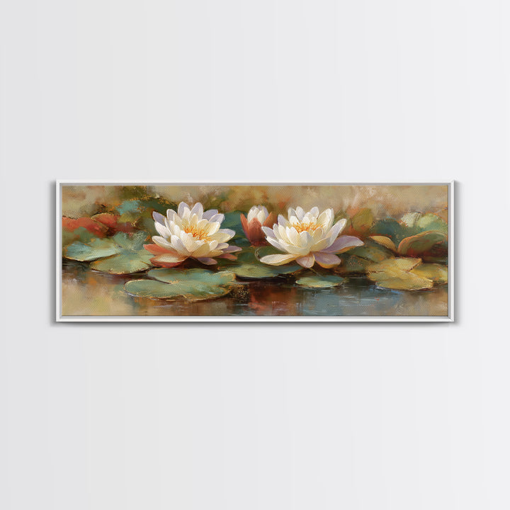 Water Lilies Floating on a Sunlit Pond Framed Canvas Print, Impressionist Art, Boho Decor, Living Room Decor, Oil Painting, IMP-3x1-89