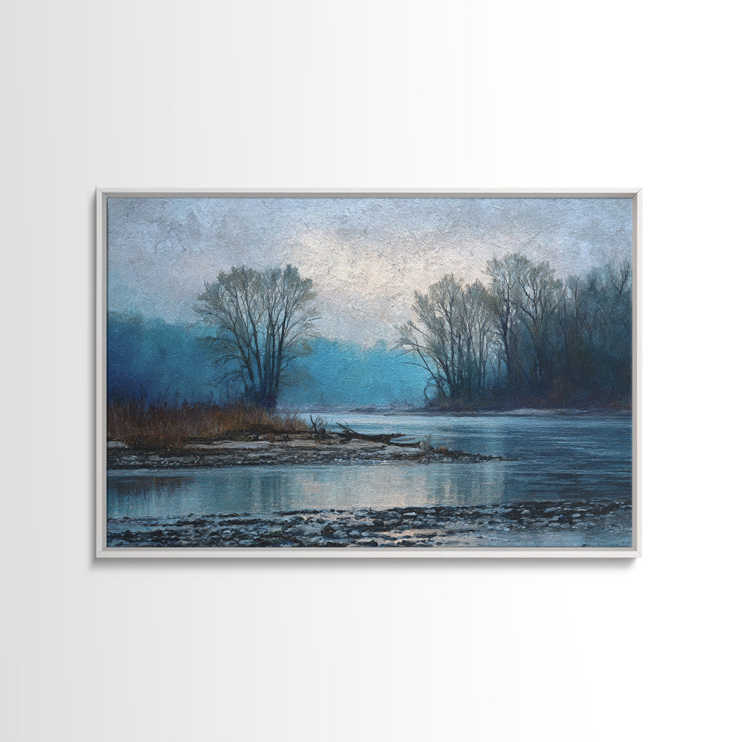 Misty Riverbank with Willow Trees Framed Canvas Print, Impressionist Art, Coastal Wall Art, Living Room Decor, Impression, IMP-3x2-15