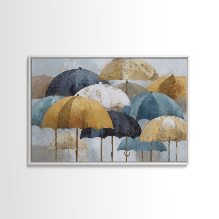 Rainy Boulevard with Umbrella Shapes Framed Canvas Print, Impressionist Art, Landscape Art, Living Room Decor, Impression, IMP-3x2-25