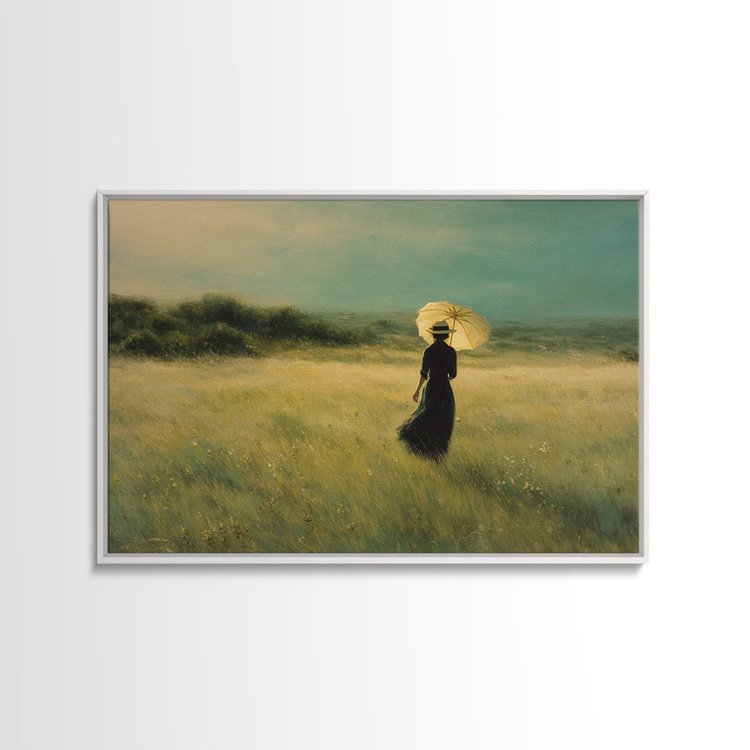 Woman with Parasol in Breezy Meadow Framed Canvas Print, Impressionist Art, Statement Artwork, Living Room Decor, Impression, IMP-3x2-31