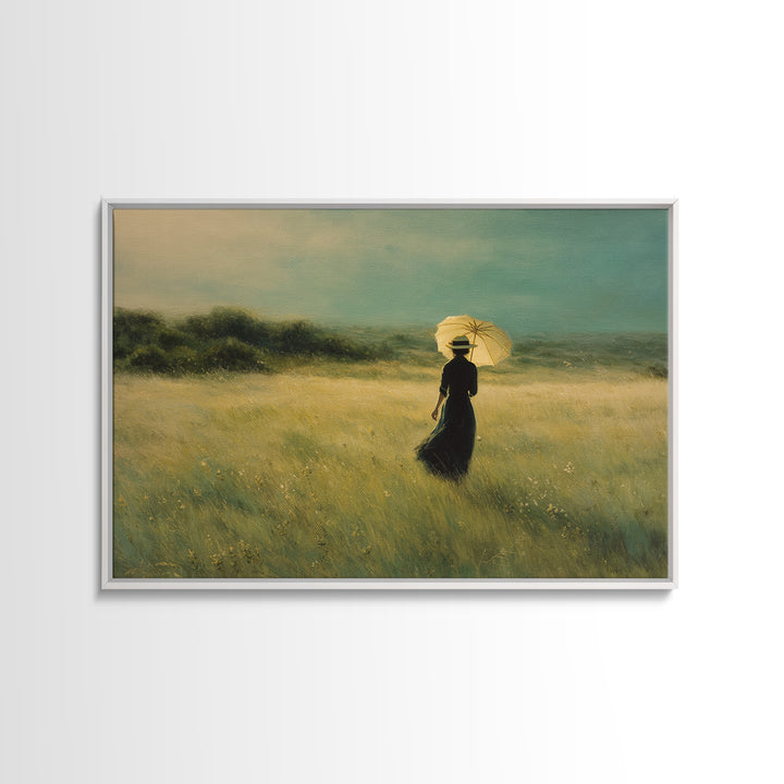 Woman with Parasol in Breezy Meadow Framed Canvas Print, Impressionist Art, Statement Artwork, Living Room Decor, Impression, IMP-3x2-31