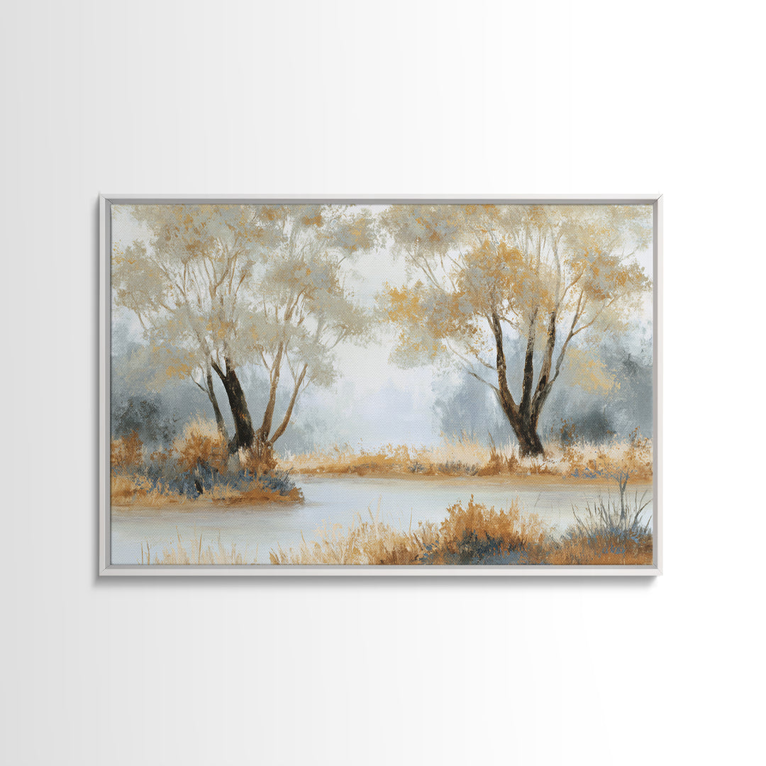 Misty Riverbank with Willow Trees Framed Canvas Print, Impressionist Art, Contemporary Art, Living Room Decor, Impression, IMP-3x2-39