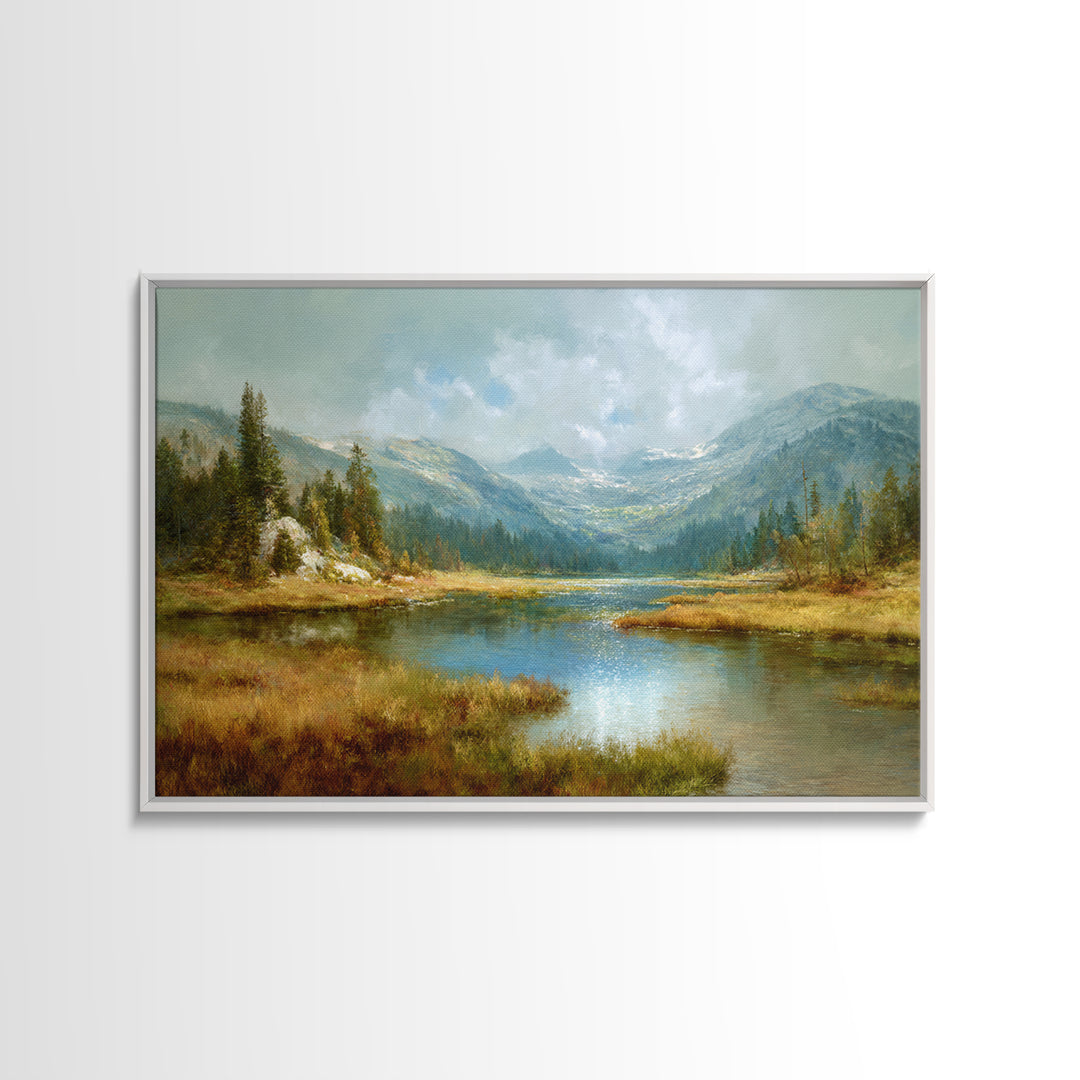 Mountain Lake with Sparkling Reflections Canvas Print, Impressionist Art, Horizontal Wall Art, Living Room Decor, Impression, IMP-3x2-4