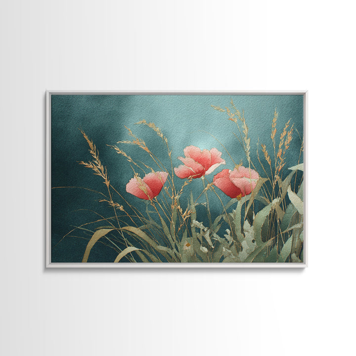 Poppies Blowing Through Green Grass Framed Canvas Print, Impressionist Art, Living Room Art, Living Room Decor, Oil Painting, IMP-3x2-40