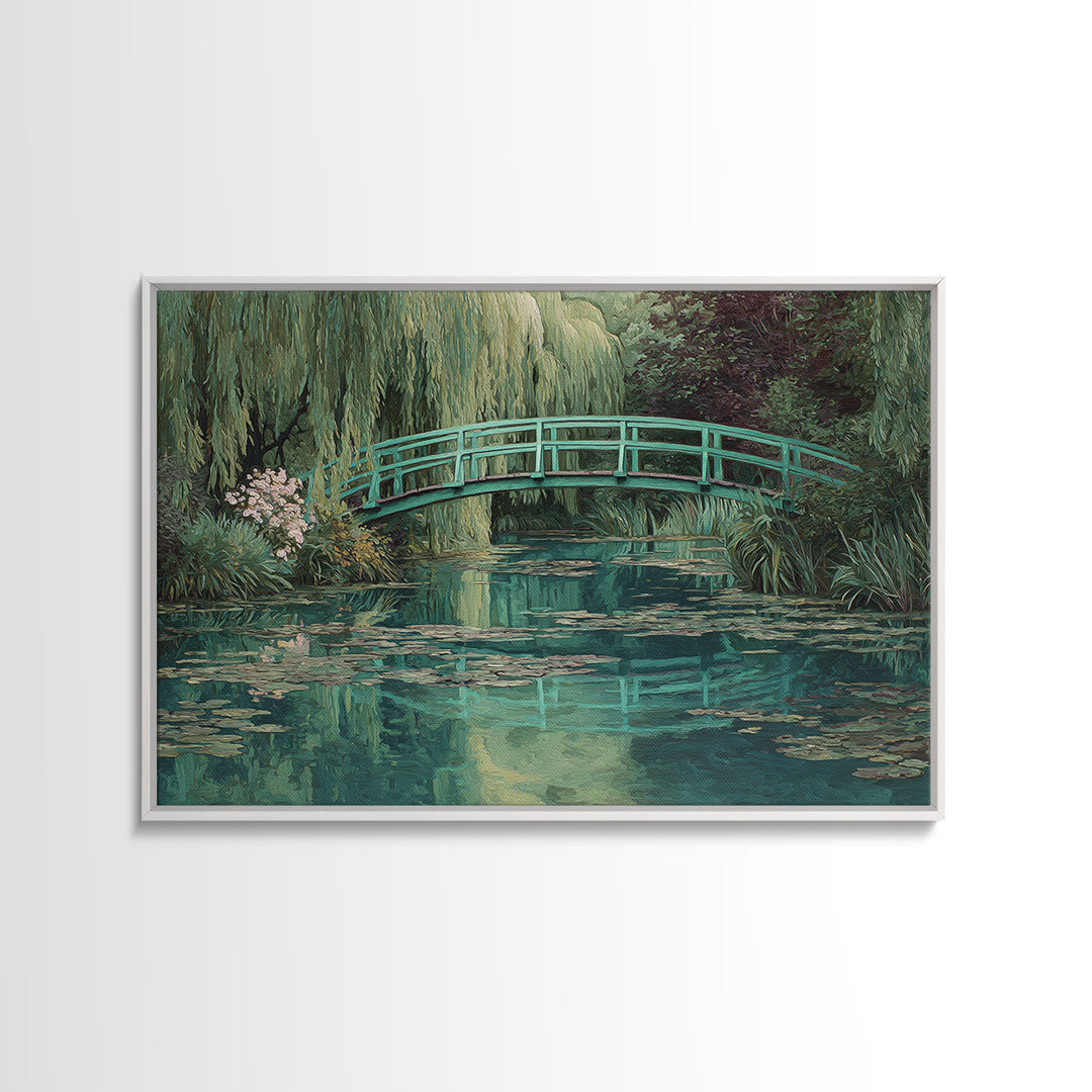 Water Garden Bridge Framed Canvas Print, Impressionist Art, Abstract Painting, Living Room Decor, Fine Art, Impression, IMP-3x2-46