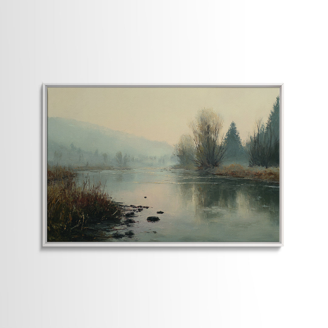 Misty Riverbank with Willow Trees Framed Canvas Print, Impressionist Art, Modern Art, Living Room Decor, Fine Art, Impression, IMP-3x2-63
