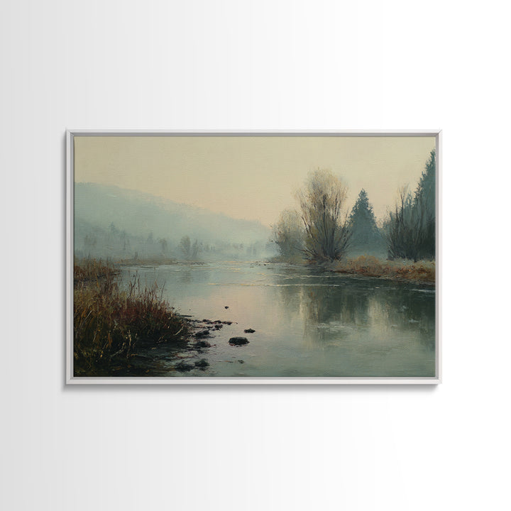Misty Riverbank with Willow Trees Framed Canvas Print, Impressionist Art, Modern Art, Living Room Decor, Fine Art, Impression, IMP-3x2-63