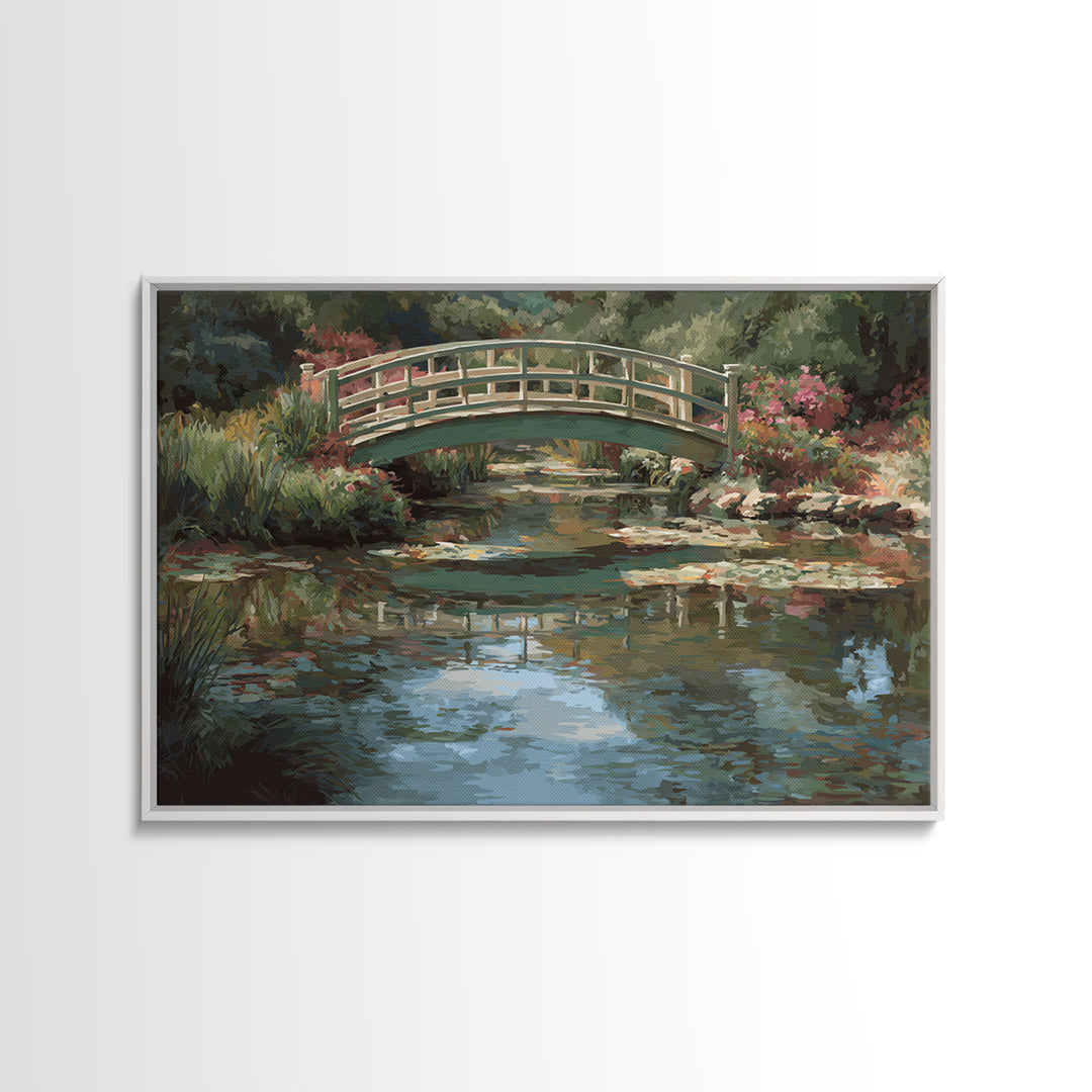 Water Garden Bridge Framed Canvas Print, Impressionist Art, Abstract Painting, Living Room Decor, Fine Art, Impression, IMP-3x2-70