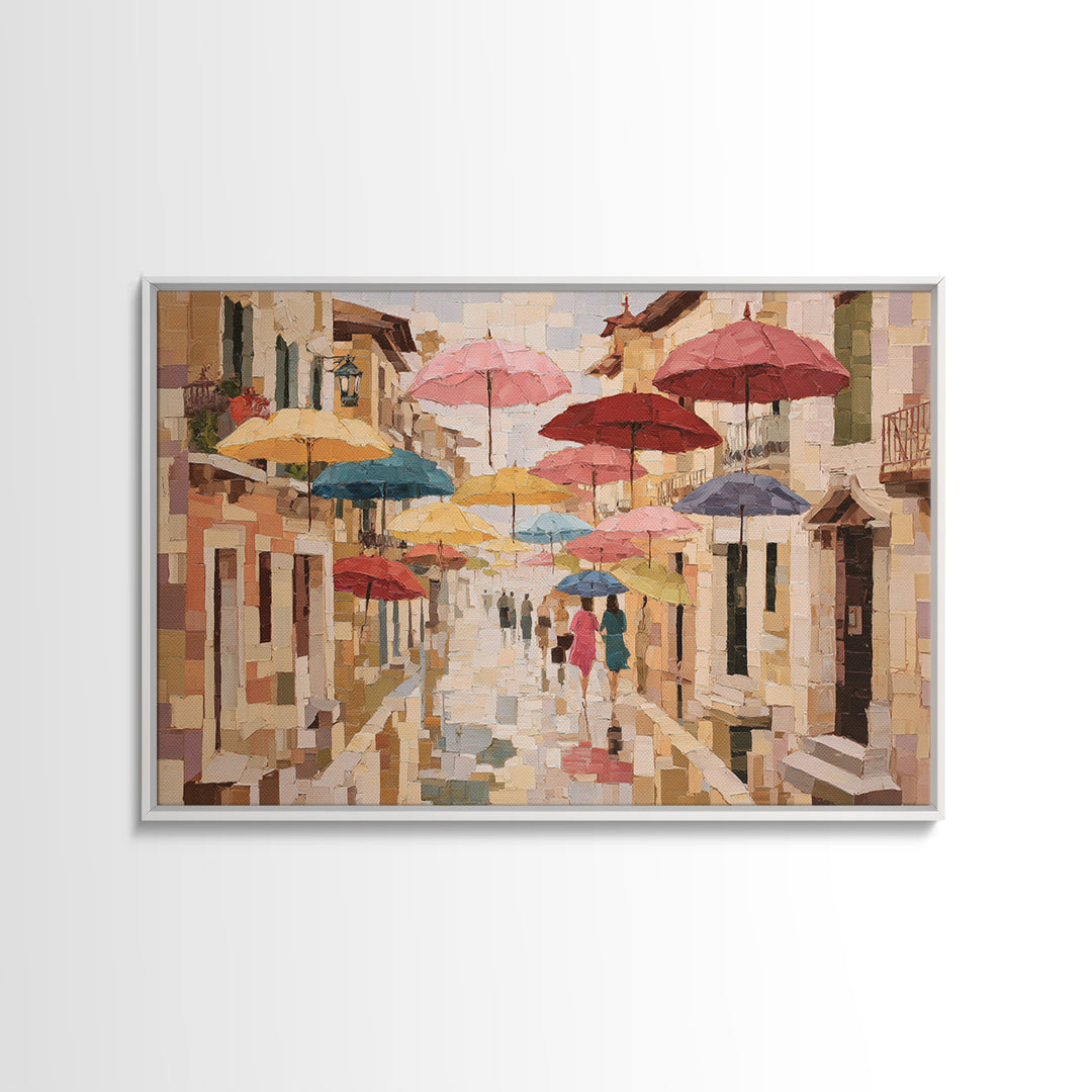 Rainy Boulevard with Umbrella Shapes Canvas Print, Impressionist Art, Neutral Decor, Living Room Decor, Fine Art, Impression, IMP-3x2-73