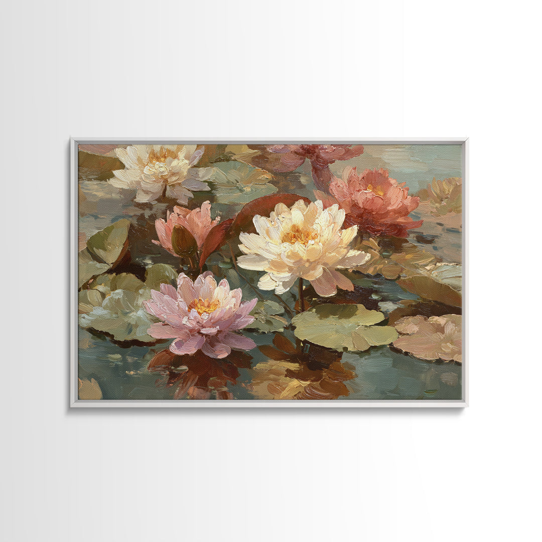 Water Lilies Floating on a Sunlit Pond Framed Canvas Print, Impressionist Art, Room Decor, Living Room Decor, Impression, IMP-3x2-77