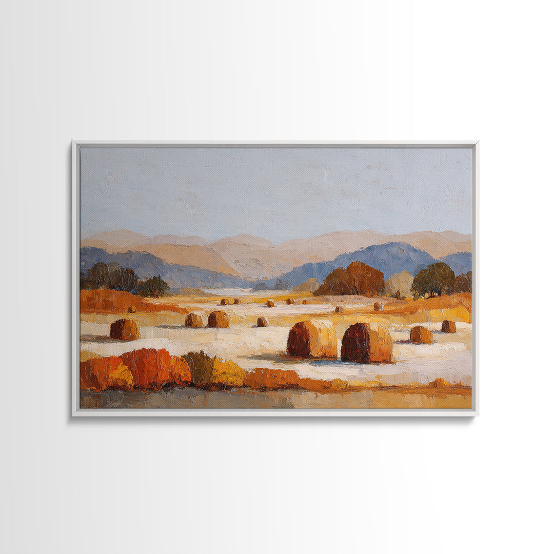 Haystacks Glowing at Golden Hour Framed Canvas Print, Impressionist Art, Floral Wall Art, Living Room Decor, Oil Painting, IMP-3x2-8