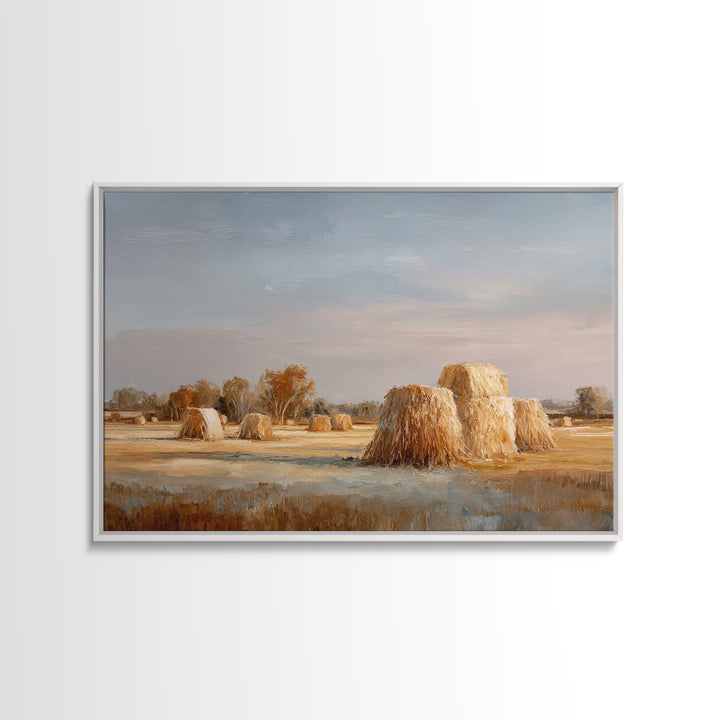 Haystacks Glowing at Golden Hour Framed Canvas Print, Impressionist Art, Living Room Decor, Watercolor Art, Impression, IMP-3x2-80