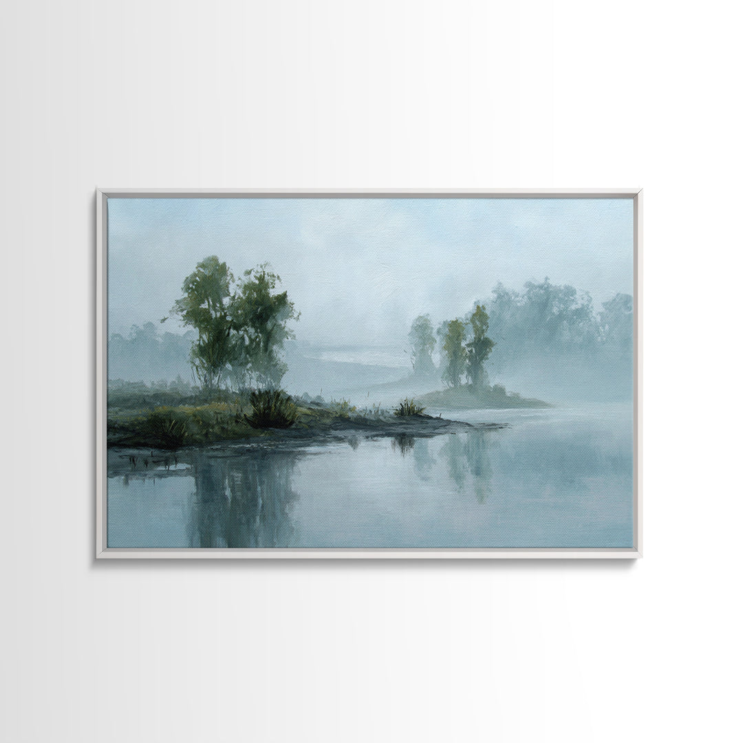 Misty Riverbank with Willow Trees Framed Canvas Print, Impressionist Art, Wall Decor, Living Room Decor, Fine Art, Impression, IMP-3x2-87