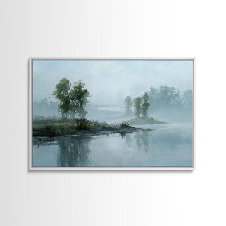 Misty Riverbank with Willow Trees Framed Canvas Print, Impressionist Art, Wall Decor, Living Room Decor, Fine Art, Impression, IMP-3x2-87