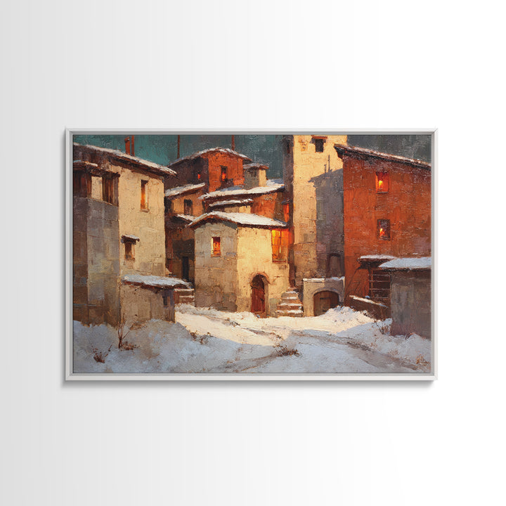 Snowy Village with Warm Glowing Windows Canvas Print, Impressionist Art, Boho Decor, Living Room Decor, Oil Painting, IMP-3x2-89