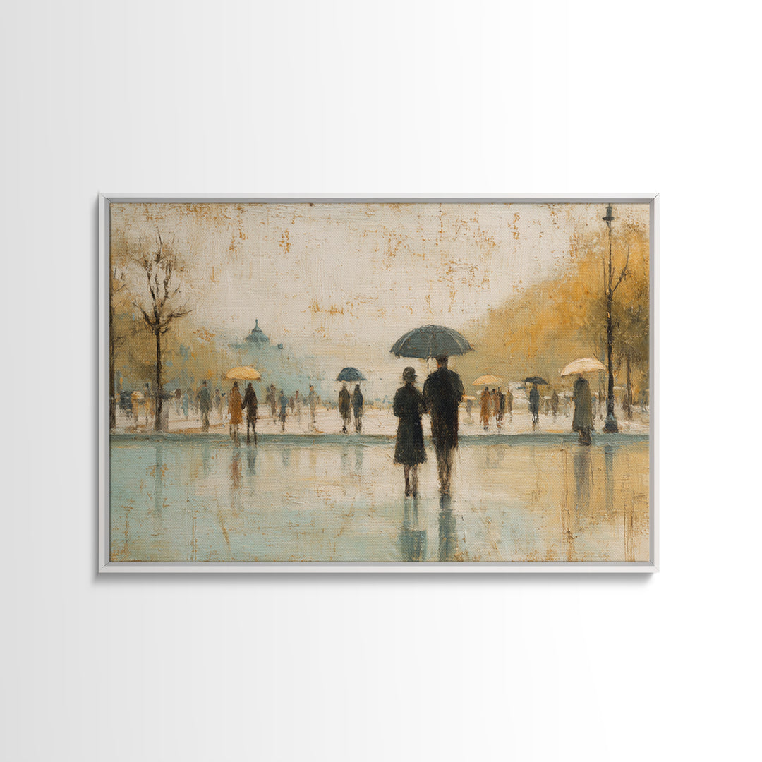 Rainy Boulevard with Umbrella Shapes Framed Canvas Print, Impressionist Art, Luxury Decor, Living Room Decor, Abstract Art, IMP-3x2-97